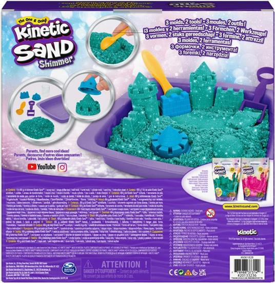 Kinetic Sand - Castello di sabbia glitterata, 453 g di Shimmer verde acqua, 5 formine e accessori, con vaschetta - per bambini dai 3 anni in su - 5