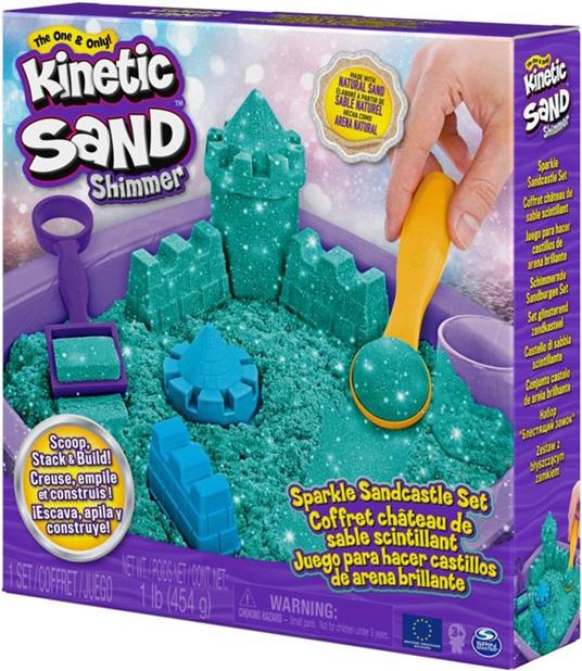 Kinetic Sand - Castello di sabbia glitterata, 453 g di Shimmer verde acqua, 5 formine e accessori, con vaschetta - per bambini dai 3 anni in su - 6