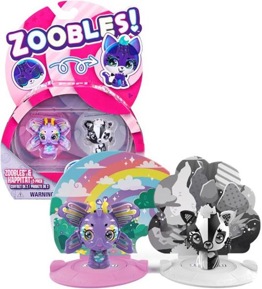 Zoobles Confezione da 2 personaggi da collezione trasformabili, farfalla Rainbow e volpe Black and White