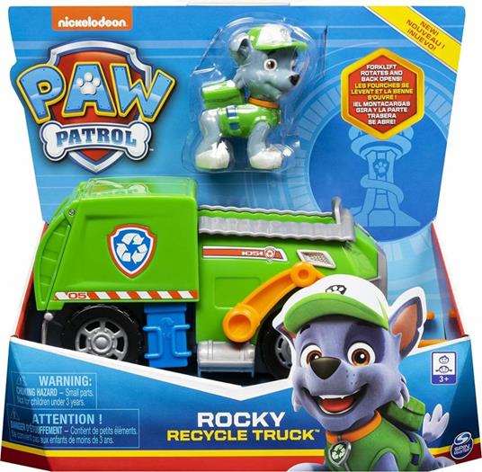PAW Patrol , camion per la raccolta di rifiuti riciclabili di Rocky con personaggio da collezione, per bambini dai 3 anni in su