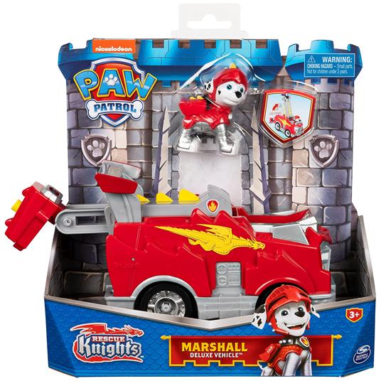 PAW Patrol Macchinina trasformabile con action figure da collezione di Marshall Rescue Knights