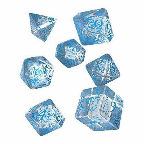 Q WORKSHOP Elvish Translucent & Blue Rpg Ornamented Dice Set 7 Polyhedral Pieces