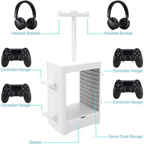 RIXOW Supporto di Immagazzinaggio Multifunzione per Giochi, 10 Rack per Dischi di Gioco con Cassetto, Supporto Verticale per Controller per Cuffie Compatibile con PS5 PS4 Xbox Series, Bianco - 2
