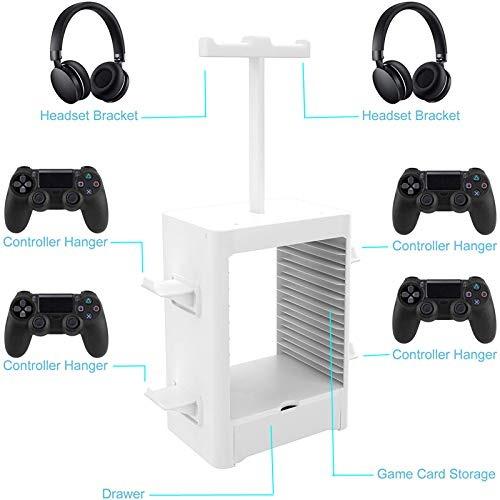RIXOW Supporto di Immagazzinaggio Multifunzione per Giochi, 10 Rack per Dischi di Gioco con Cassetto, Supporto Verticale per Controller per Cuffie Compatibile con PS5 PS4 Xbox Series, Bianco - 2