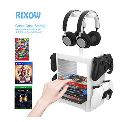 RIXOW Supporto di Immagazzinaggio Multifunzione per Giochi, 10 Rack per Dischi di Gioco con Cassetto, Supporto Verticale per Controller per Cuffie Compatibile con PS5 PS4 Xbox Series, Bianco - 3