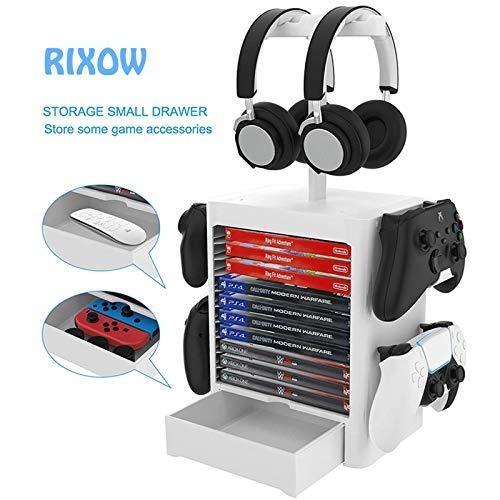 RIXOW Supporto di Immagazzinaggio Multifunzione per Giochi, 10 Rack per Dischi di Gioco con Cassetto, Supporto Verticale per Controller per Cuffie Compatibile con PS5 PS4 Xbox Series, Bianco - 4