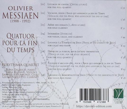 Quator pour la fin du temps - CD Audio di Olivier Messiaen,Eurythmia Quartet - 2