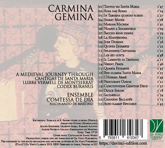 Carmina Gemina. A Medieval Journey Through Cantigas de Santa Maria, Llibre Vermell de Montserrat, Codex Buranus - CD Audio di Ferdinando De Martino,Ensemble Comtessa de Dia - 2