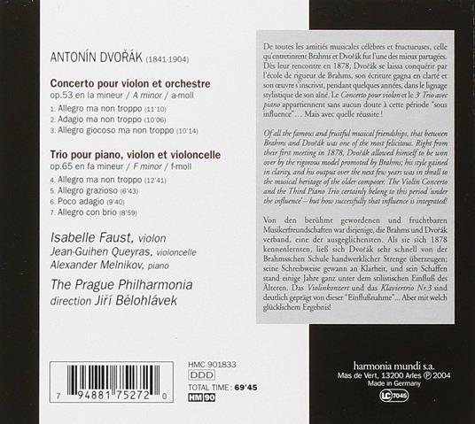 Concerto per violino op.53 - Trio op.65 - CD Audio di Antonin Dvorak,Jiri Belohlavek,Isabelle Faust,Prague Philharmonia - 2