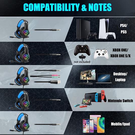 Cuffie Gaming RGB LED con Microfono per PS4 PS5 PC Xbox One con 50mm Altoparlante Bass Stereo Cancellazione del Rumore per Mac Nintendo Switch - 6