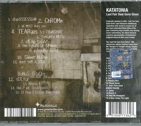 Last Fair Deal Gone Down ( + Bonus Track) - CD Audio di Katatonia - 2