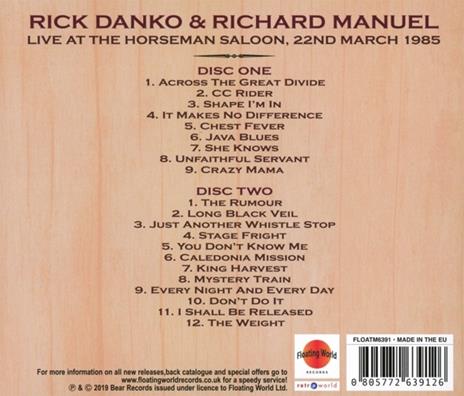 Live at the Horseman Saloon, 22nd March 1985 - CD Audio di Rick Danko,Richard Manuel - 2