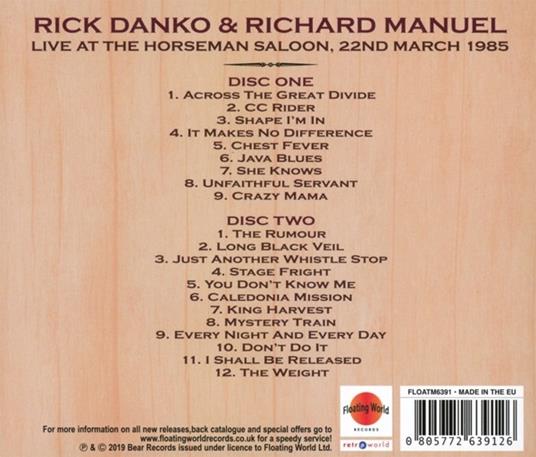 Live at the Horseman Saloon, 22nd March 1985 - CD Audio di Rick Danko,Richard Manuel - 2
