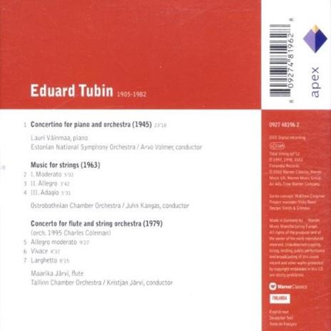 Musiche per archi - Concertino per pianoforte e orchestra - Concerto per flauto e orchestra d'archi - CD Audio di Eduard Tubin - 2