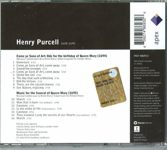 Music for Queen Mary - CD Audio di Henry Purcell,John Eliot Gardiner,Monteverdi Orchestra - 2