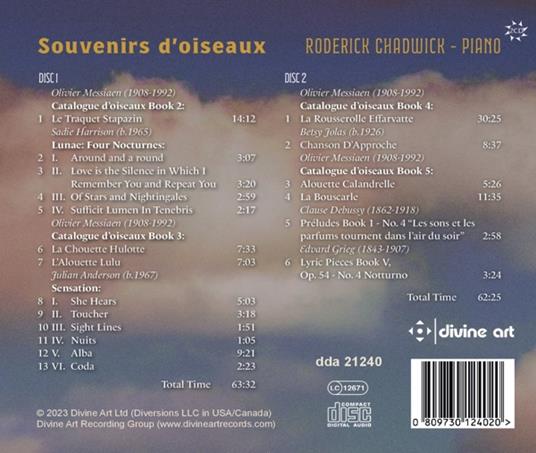 Anderson, Debussy, Grieg, Harrison, Jolas & Messiaen. Souvenirs D'Oiseaux - CD Audio di Roderick Chadwick - 2