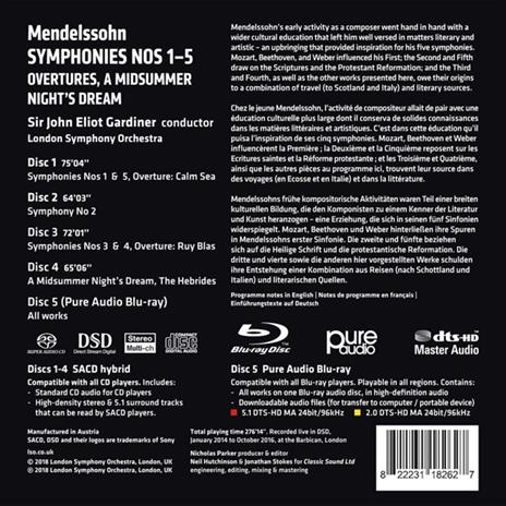 Sinfonie n.1, n.2, n.3, n.4, n.5 - Ouvertures - Sogno di una notte di mezza estate - CD Audio + Blu-ray di Felix Mendelssohn-Bartholdy,John Eliot Gardiner,London Symphony Orchestra - 2