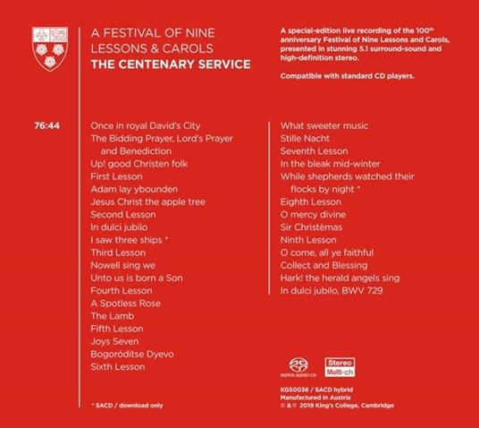 The Centenary Service. A Festival of Nine Lessons & Carols - SuperAudio CD di King's College Choir,Stephen Cleobury - 2