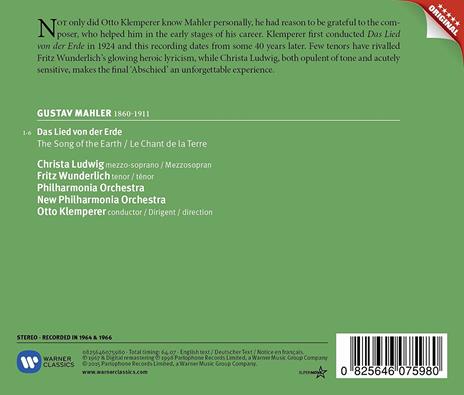 Il canto della terra (Das Lied von der Erde) - CD Audio di Gustav Mahler,Christa Ludwig,Fritz Wunderlich,Otto Klemperer,Philharmonia Orchestra,New Philharmonia Orchestra - 2