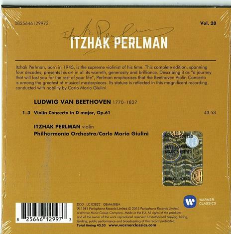 Concerto per violino (Perlman Edition 2015) - CD Audio di Ludwig van Beethoven,Carlo Maria Giulini,Itzhak Perlman,Philharmonia Orchestra - 2