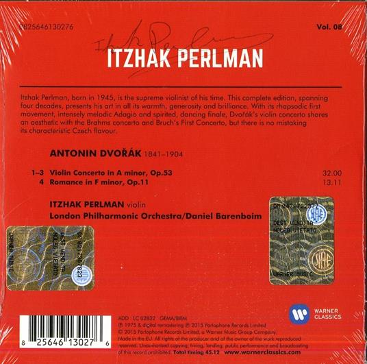 Concerto per violino in La minore - Romanza in Fa minore (Perlman Edition 2015) - CD Audio di Antonin Dvorak,Itzhak Perlman,London Philharmonic Orchestra,Daniel Barenboim - 2