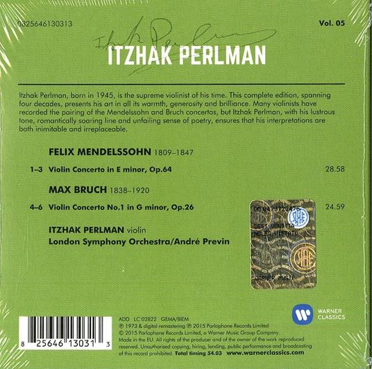 Concerti per violino (Perlman Edition 2015) - CD Audio di Felix Mendelssohn-Bartholdy,Max Bruch,Itzhak Perlman,André Previn - 2