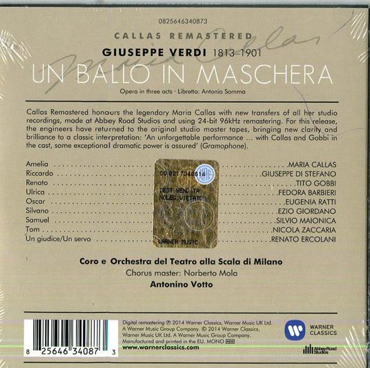 Un Ballo in Maschera (Callas 2014 Edition) - CD Audio di Maria Callas,Giuseppe Di Stefano,Tito Gobbi,Giuseppe Verdi,Orchestra del Teatro alla Scala di Milano,Antonino Votto - 2