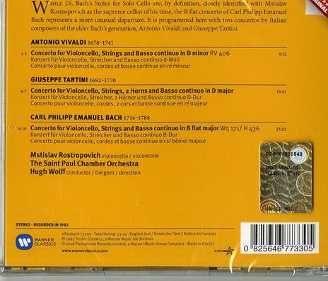 Concerti per violoncello - CD Audio di Carl Philipp Emanuel Bach,Antonio Vivaldi,Giuseppe Tartini,Mstislav Rostropovich,Hugh Wolff,Saint Paul Chamber Orchestra - 2
