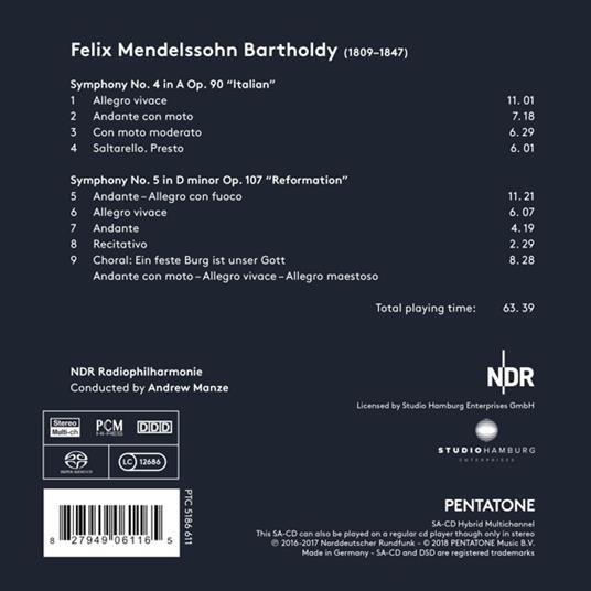 Sinfonia n.4 op.90 Italiana, n.5 op.107 Riforma - SuperAudio CD ibrido di Felix Mendelssohn-Bartholdy,Andrew Manze - 2
