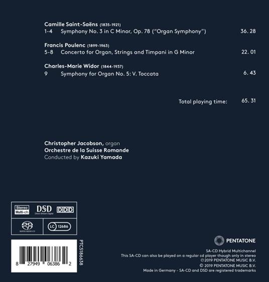 Sinfonia n.3 / Concerto per organo / Sinfonia per organo - SuperAudio CD di Francis Poulenc,Camille Saint-Saëns,Charles-Marie Widor,Orchestre de la Suisse Romande,Kazuki Yamada,Christopher Jacobson - 2