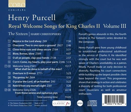 Royal Welcome. Songs For King Charles II Vol.3 - CD Audio di Henry Purcell,Harry Christophers,The Sixteen - 2