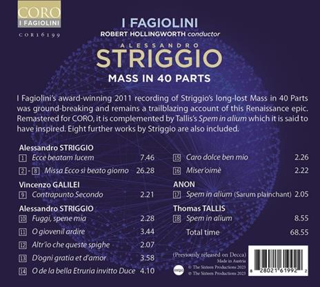 Mass In 40 Parts - Missa Ecco Si Beato Giorno - CD Audio di Fagiolini,Robert Hollingworth,Alessandro Striggio - 2