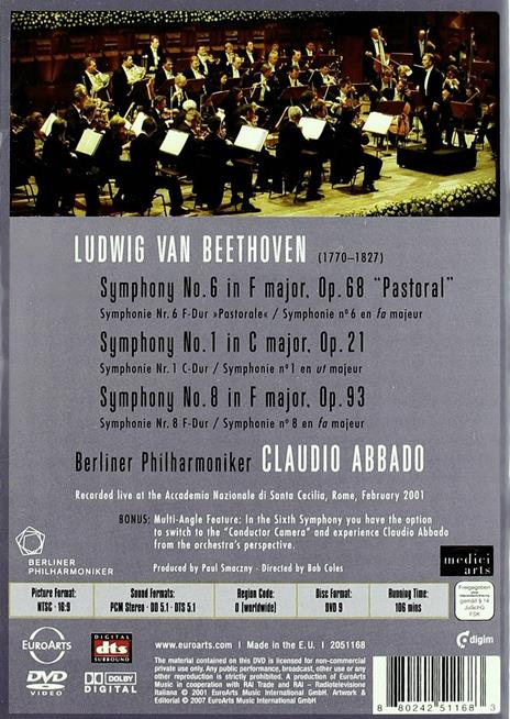 Ludwig Van Beethoven. Symphonies 1, 6 & 8 (DVD) - DVD di Ludwig van Beethoven,Claudio Abbado,Berliner Philharmoniker - 2
