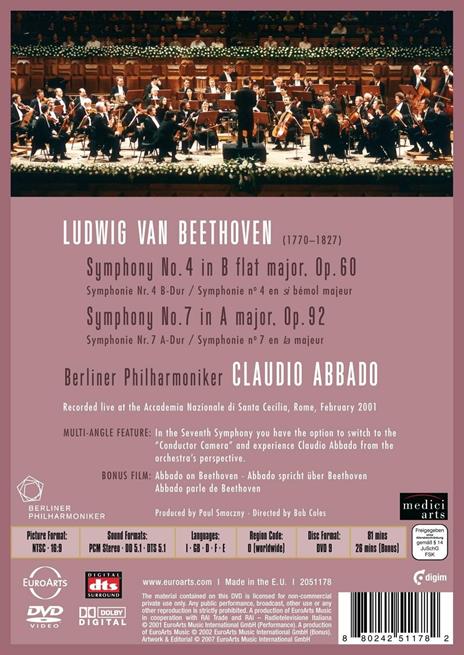 Ludwig van Beethoven. Symphonies n. 4 & 7 (DVD) - DVD di Ludwig van Beethoven,Claudio Abbado,Berliner Philharmoniker - 2