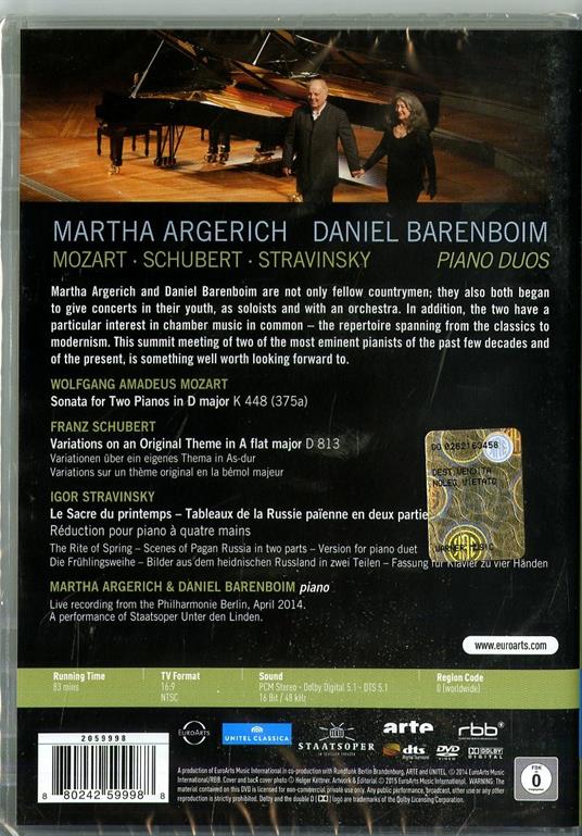 Martha Argerich & Daniel Barenboim: Piano Duos (DVD) - DVD di Wolfgang Amadeus Mozart,Franz Schubert,Igor Stravinsky,Martha Argerich,Daniel Barenboim - 2