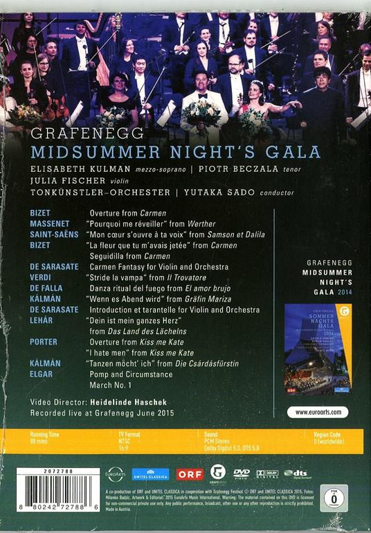Grafenegg Sommer Nachts Gala 2014. Midsummer Night's Gala (DVD) - DVD di Yutaka Sado,Julia Fischer,Elisabeth Kulman,Piotr Beczala - 2