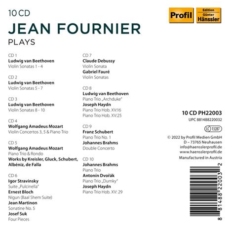 Plays Beethoven, Mozart, Stravinsky, Bloch, Debussy & Others - CD Audio di Jean Fournier - 2