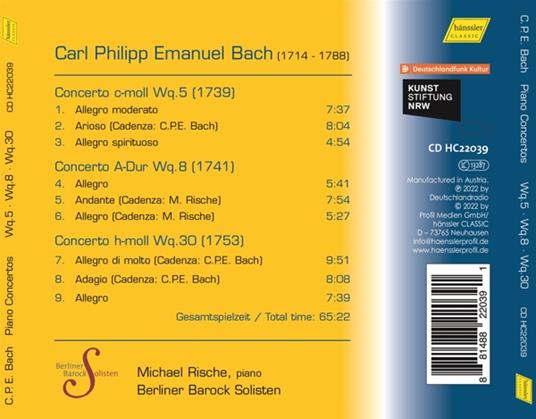 Piano Concertos WQ5, WQ8 & WQ30 - CD Audio di Carl Philipp Emanuel Bach,Michael Rische - 2