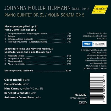 Johanna Muller-Hermann. Piano Quintet Op 31 - Violin Sonata Op 5 - CD Audio di Oliver - Daniel Gaede Triendl - 2