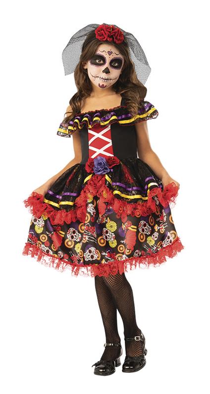 Rubies: Costume Katrinita Deluxe Bambino (Include Abito Nero Con Volant Colorati E Dettaglio Della Rosa In Colore Lilla, Gonna Con Volant E Tulle E Fa