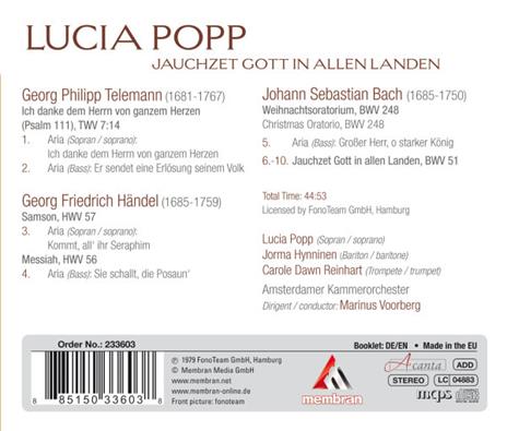 Jauchzet Gott in Allen Landen - CD Audio di Johann Sebastian Bach,Georg Philipp Telemann,Georg Friedrich Händel,Lucia Popp - 2