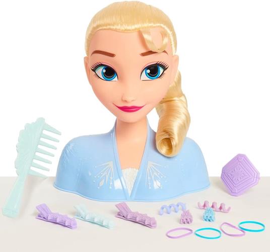 Frozen Testa di Elsa da pettinare 2 Disney, 17 pezzi inclusi accessori da indossare e condividere