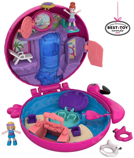 Polly Pocket. Set Piscina dei Fenicotteri con Nuovo Cofanetto. 2 Dolls. 1 Micro-Veicolo e Accessori