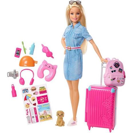 Barbie in Viaggio, Bambola Bionda con Cucciolo, Valigia che si Apre, Adesivi e Accessori, Giocattolo per Bambini 3 + Anni, FWV25