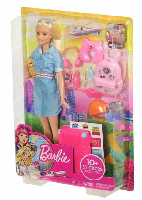 Barbie in Viaggio, Bambola Bionda con Cucciolo, Valigia che si Apre, Adesivi e Accessori, Giocattolo per Bambini 3 + Anni, FWV25 - 3