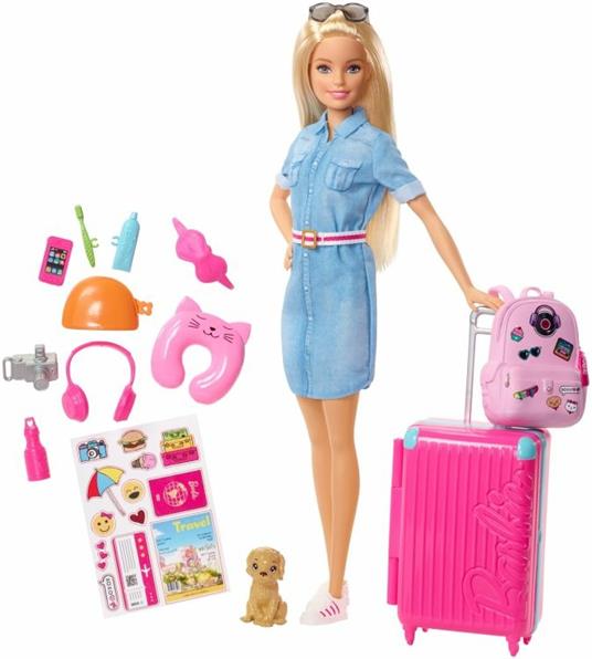 Barbie in Viaggio, Bambola Bionda con Cucciolo, Valigia che si Apre, Adesivi e Accessori, Giocattolo per Bambini 3 + Anni, FWV25 - 4