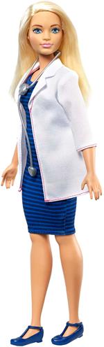 Barbie Carriere Dottoressa con stetoscopio, bambola con camice bianco da rifiniture rosa, un vestito blu e scarpe abbinate
