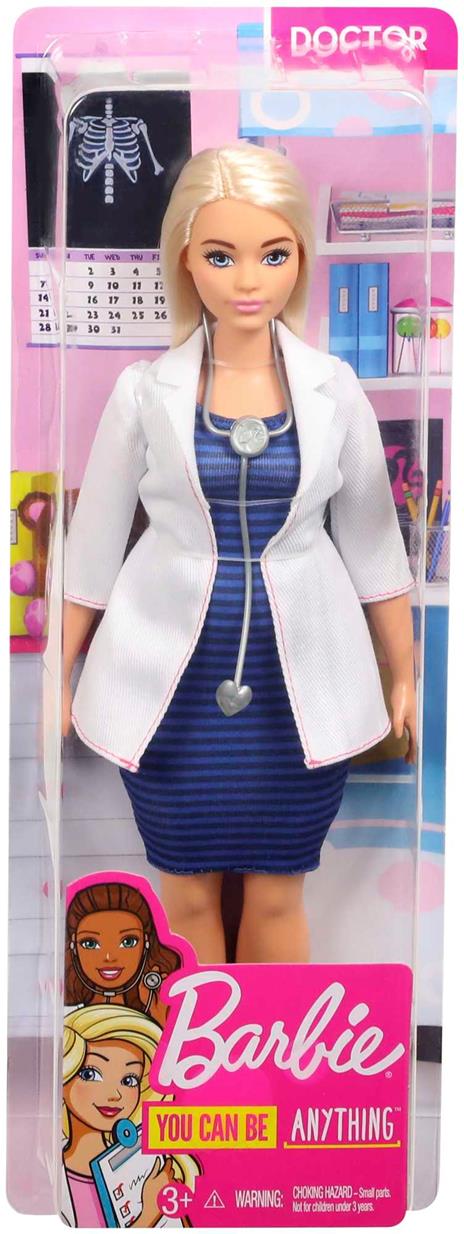Barbie Carriere Dottoressa con stetoscopio, bambola con camice bianco da rifiniture rosa, un vestito blu e scarpe abbinate - 6