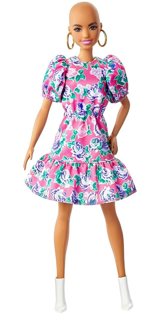 Barbie Fashionistas Bambola Senza Capelli, con Abito Floreale Rosa e Accessori Giocattolo per Bambini 3+Anni, GHW64