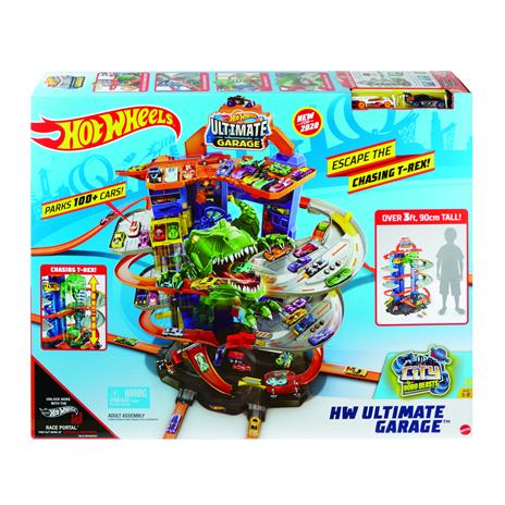 Hot Wheels- Assalto del T-Rex Robot al Mega Garage Multipiano, 2 Veicoli Inclusi, può Contenere più di 100 Macchinine